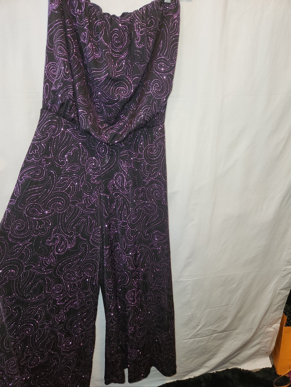 Strapless Black Jumpsuit with Purple Swirl Detail